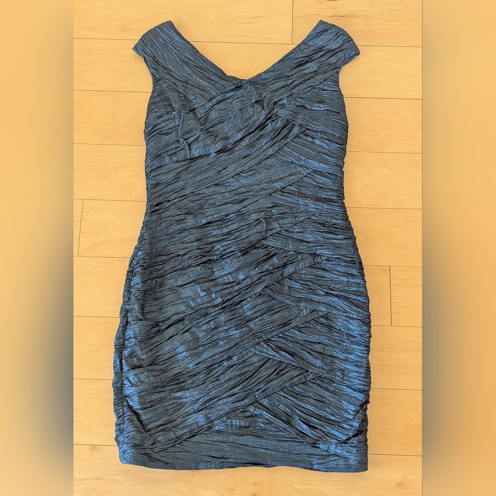 Blue Ruched Bodycon Cocktail Dress, Size 14, Sweetheart, Metallic 👗